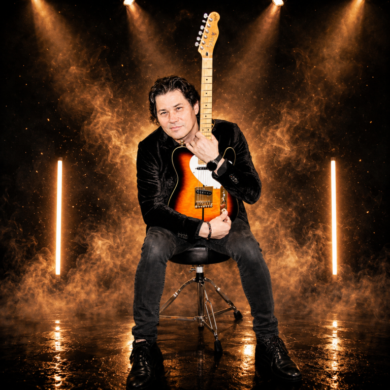 Ein Musiker steht auf der Bühne und hält eine E-Gitarre unter dramatischer Bühnenbeleuchtung.